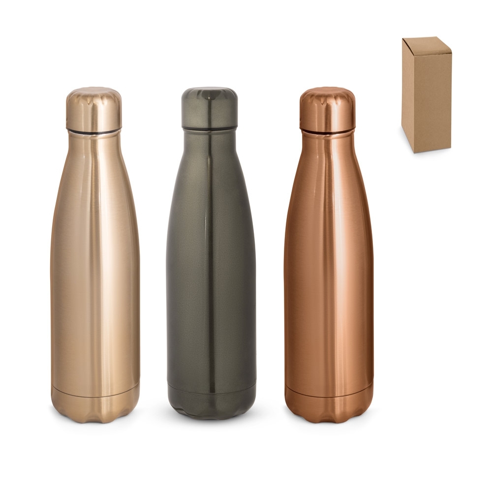 SHOW METALLIC. Garrafa em aço inox de parede dupla térmica, isolada a vácuo e acabamento metalizado 510 mL